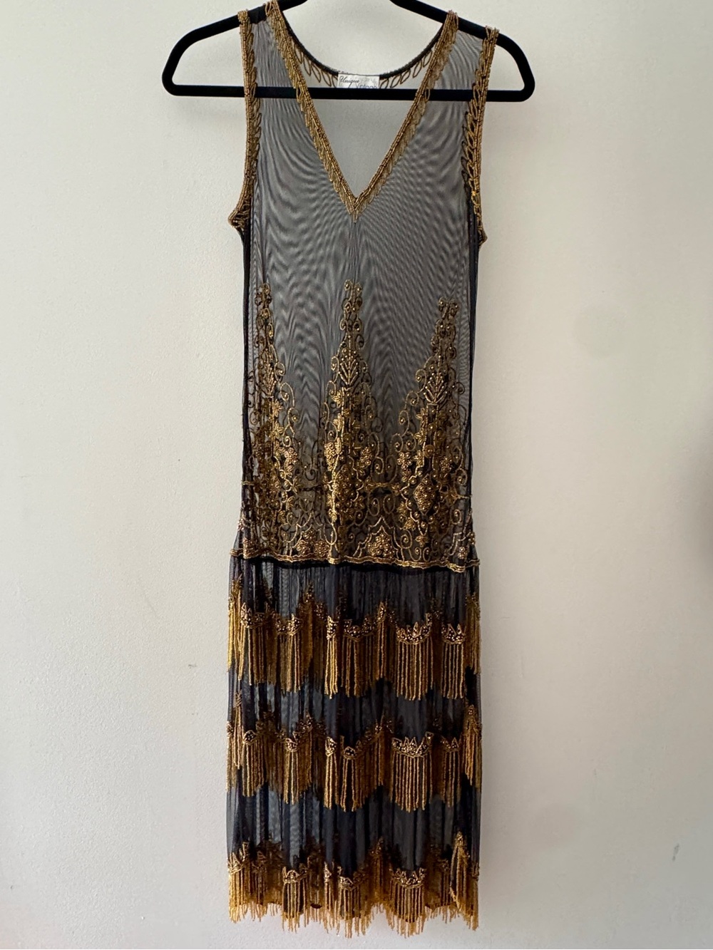 Unique Vintage 1920s Black Gold Beaded Tiered Fringe Flapper Dress